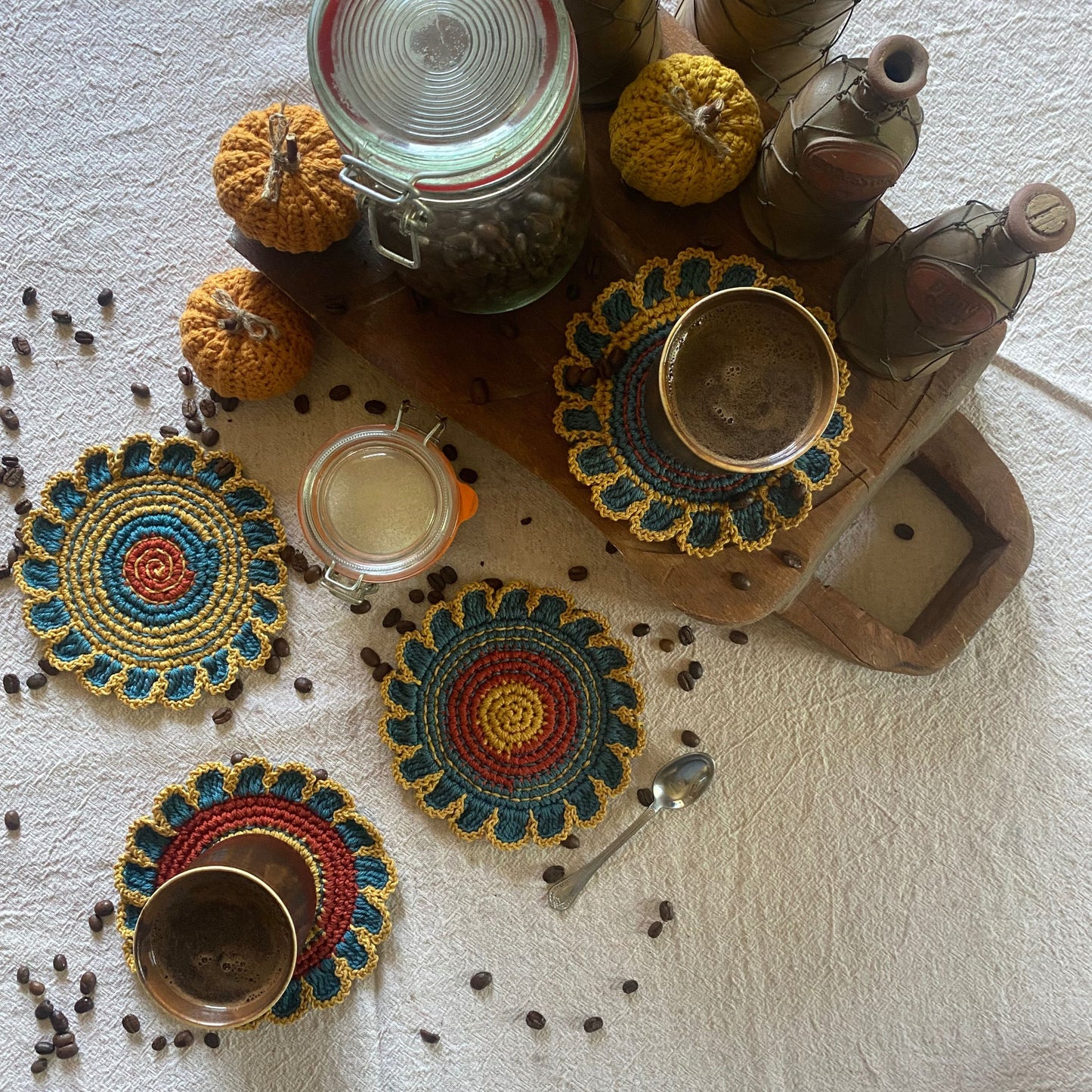 Crochet Flower Coasters – Set of 4, Embroidered Cotton Cup Mats, Boho Table Decor