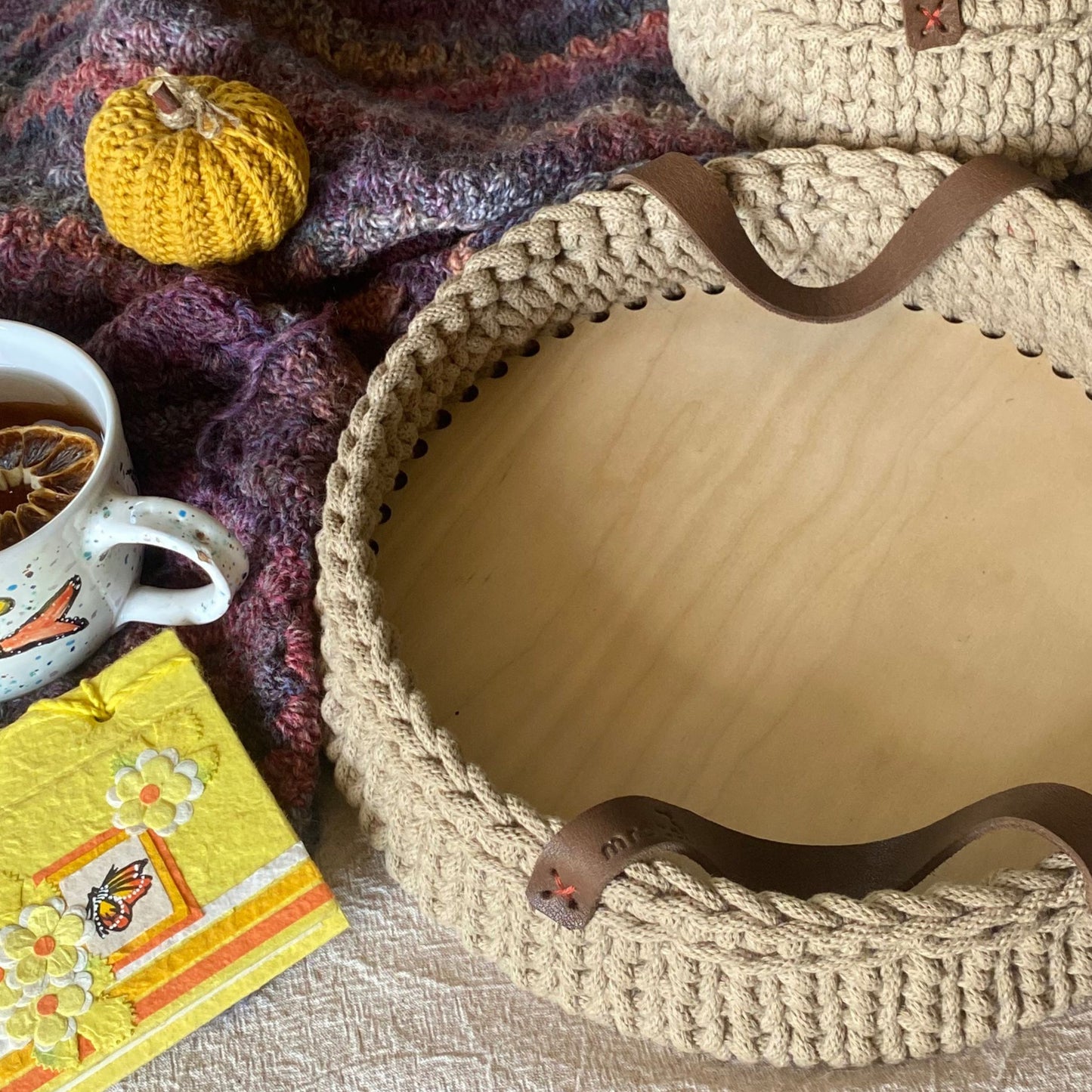 Crochet Basket with Leather Handles - Sand Beige Storage Tray