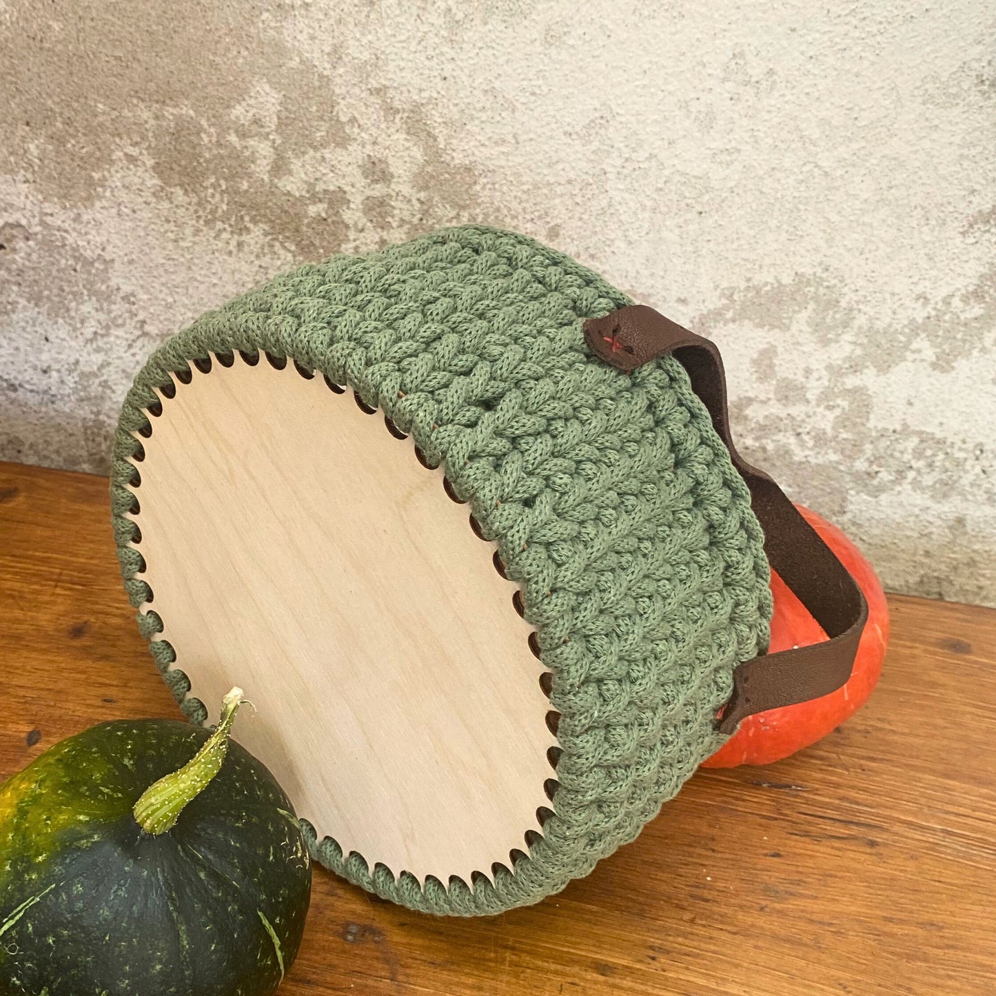 Green Crochet Basket with Leather Handles – Handmade Cotton Organizer