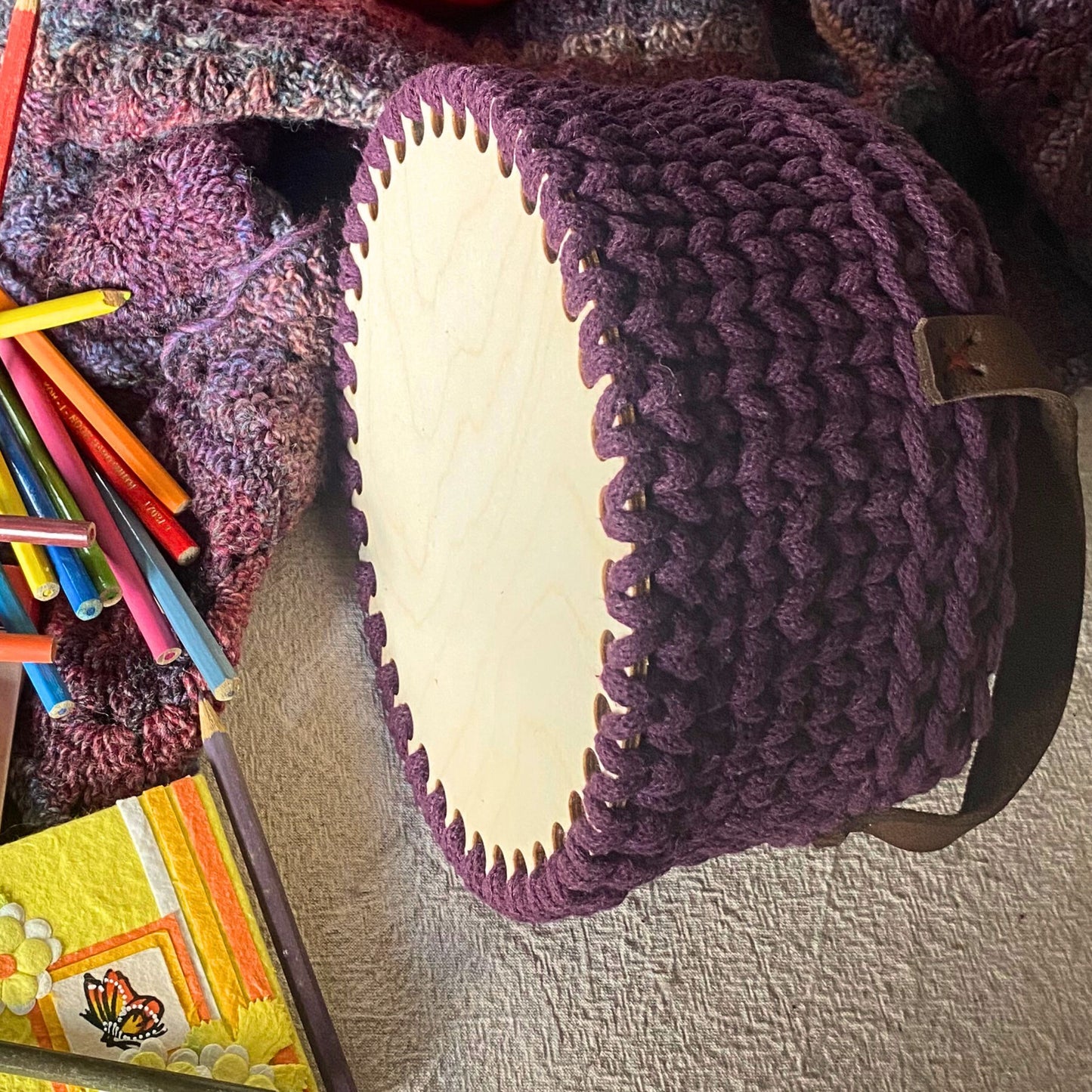 Purple Crochet Basket with Leather Handles – Handmade Cotton Organizer