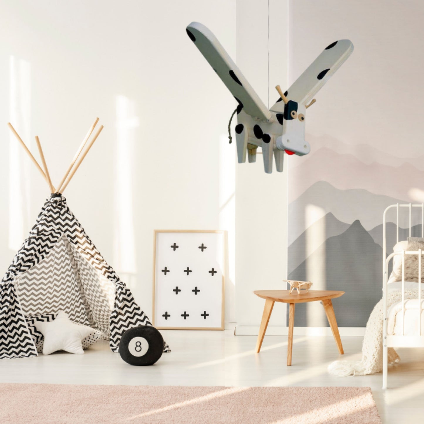 Flying Cow with Black Spots Wooden Nursery Mobile