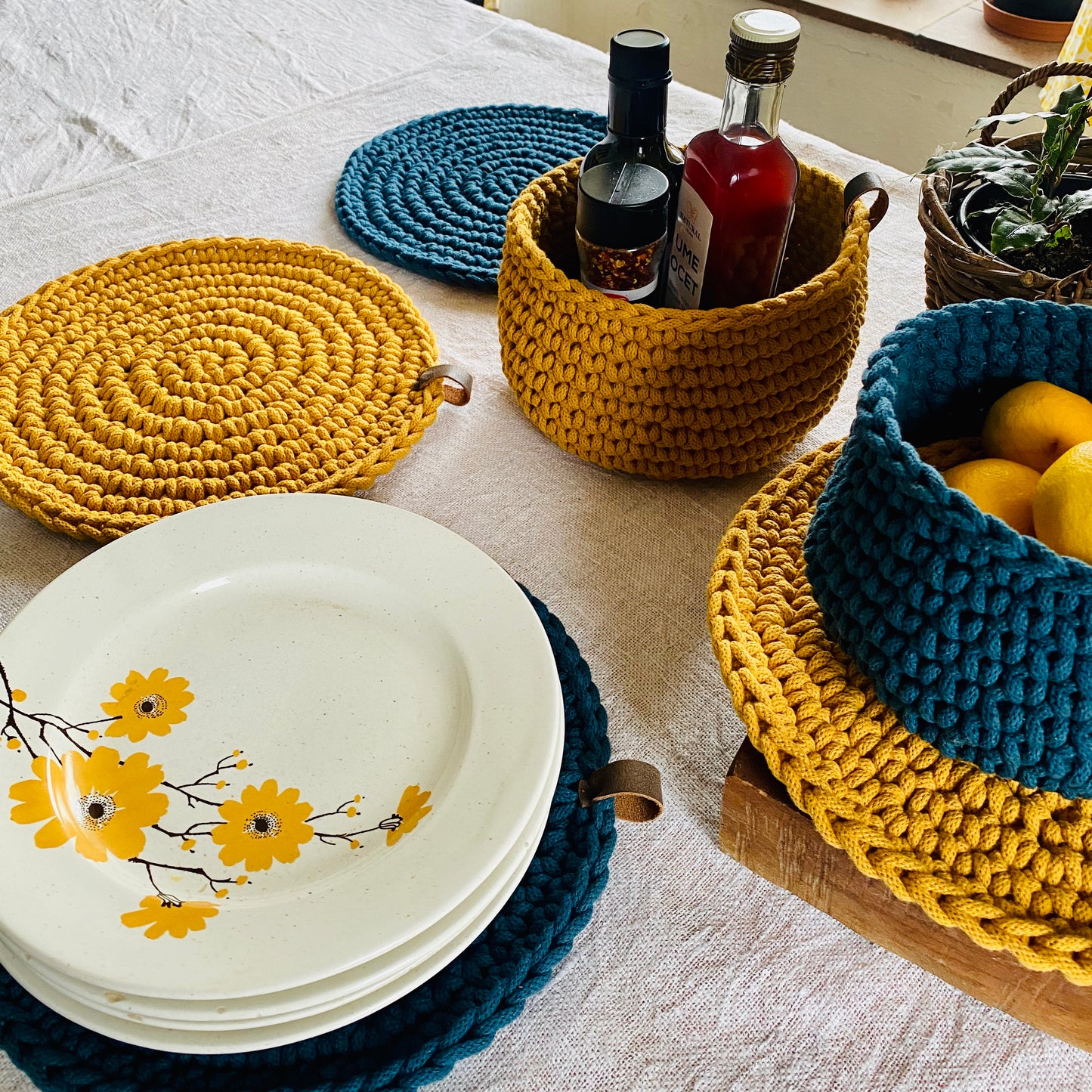 Mustard Yellow and Rich Blue Round Crochet Place Mats - Modern Table Decor