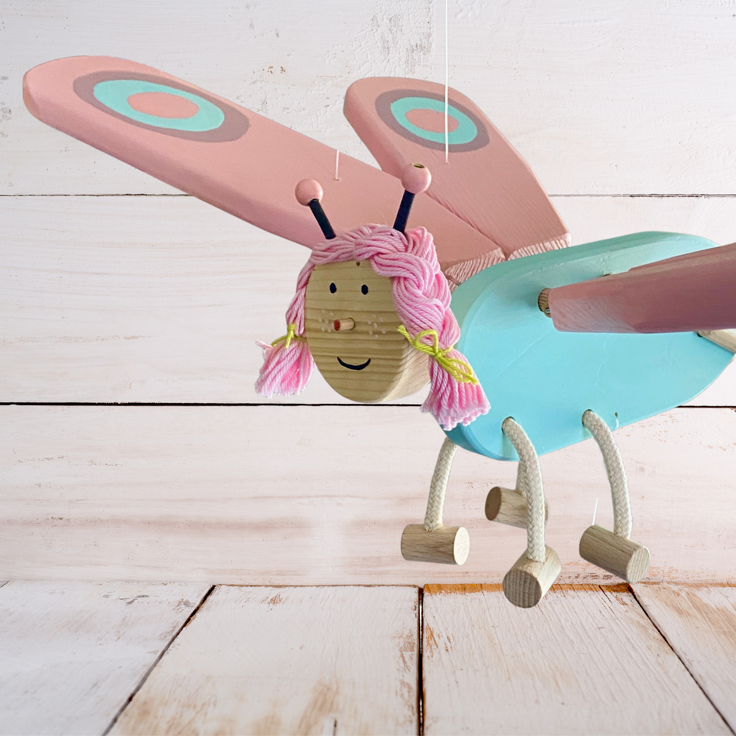 Pink and Turquoise Butterfly Flying Wooden Mobile