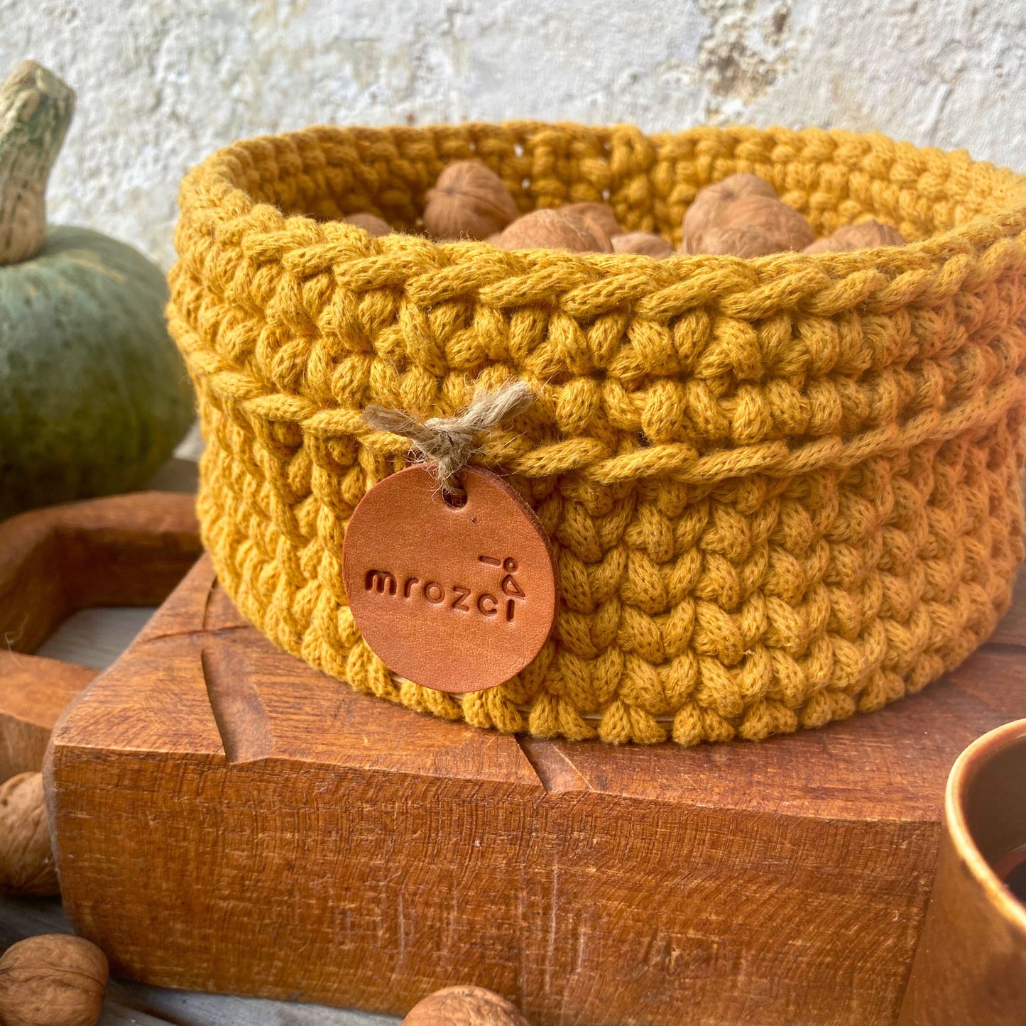 Crochet basket mustard yellow