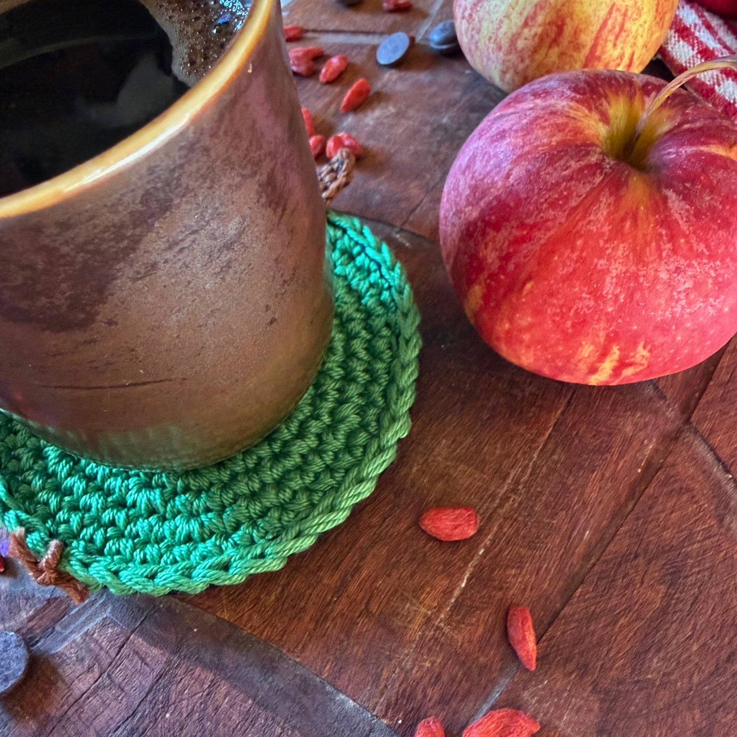 Green Crochet Apple Coasters – Set of 4