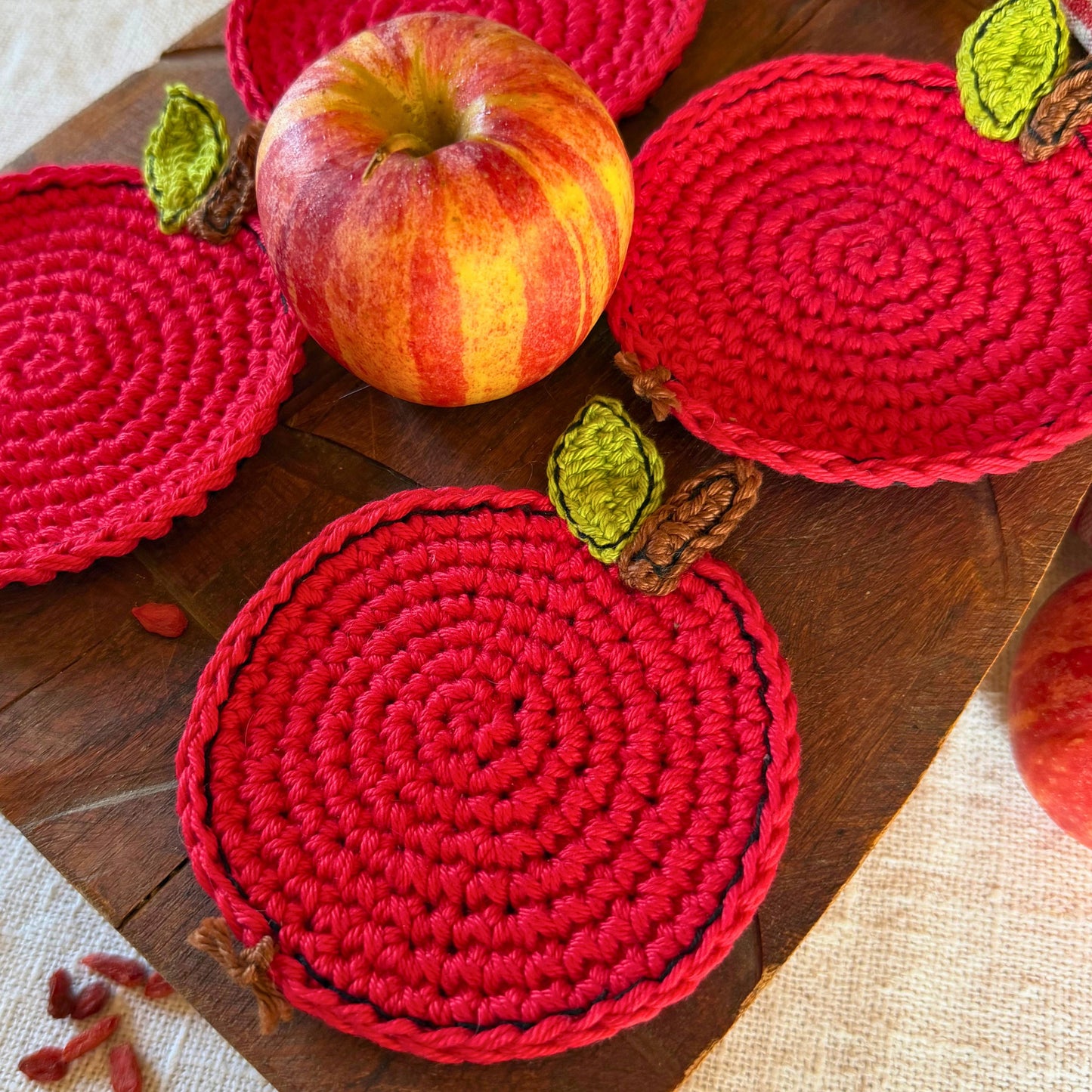 Red Crochet Apple Coasters – Set of 4
