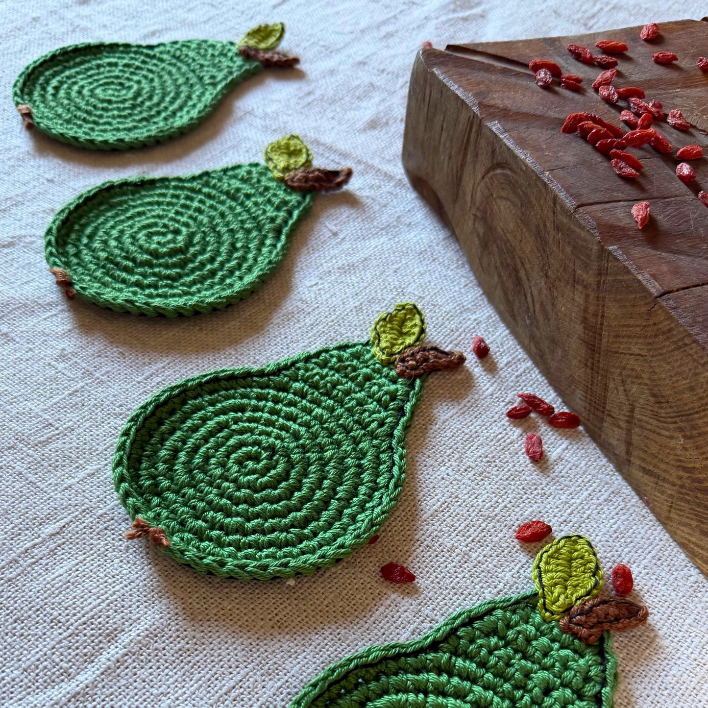 Green Crochet Pear Coasters – Set of 4