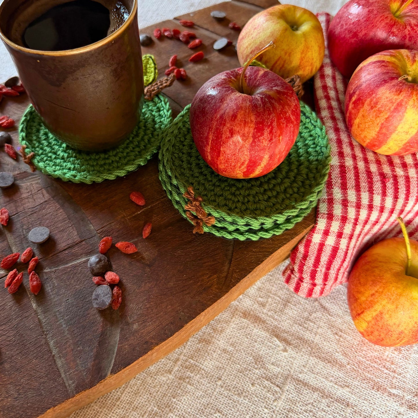 Green Crochet Apple Coasters – Set of 4