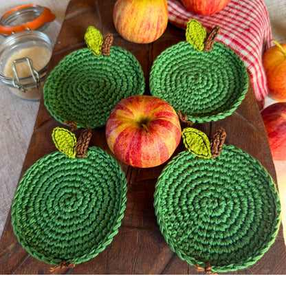 Green Crochet Apple Coasters – Set of 4