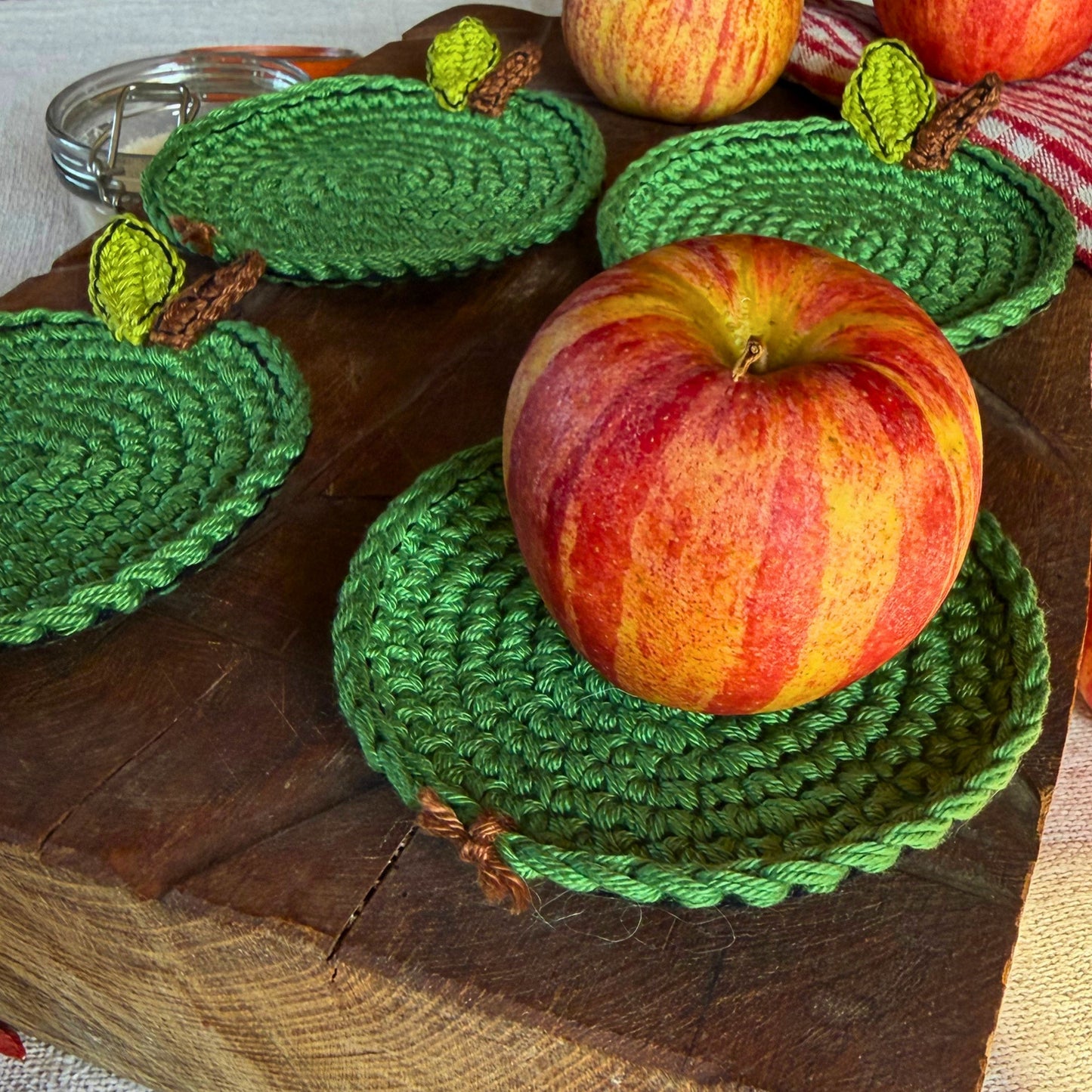 Green Crochet Apple Coasters – Set of 4