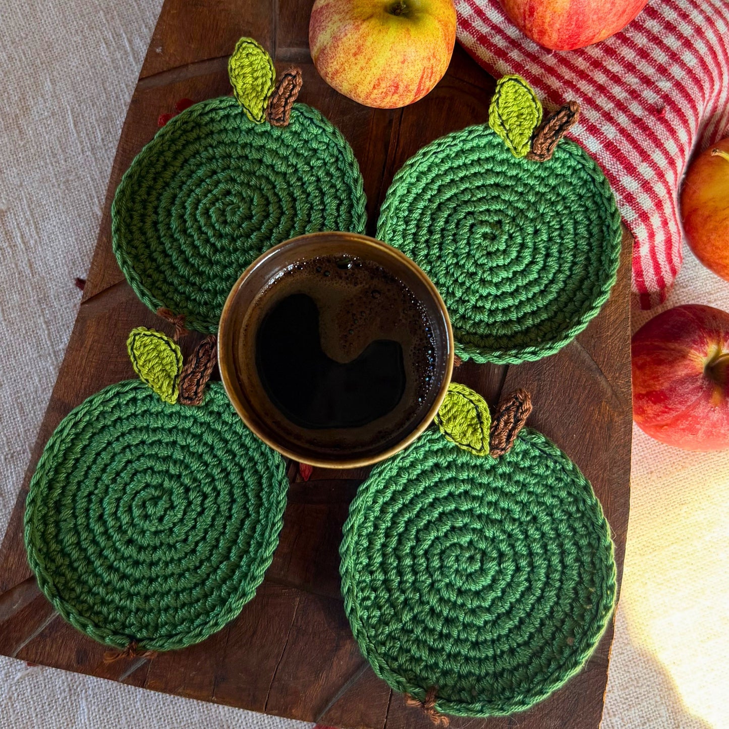 Green Crochet Apple Coasters – Set of 4