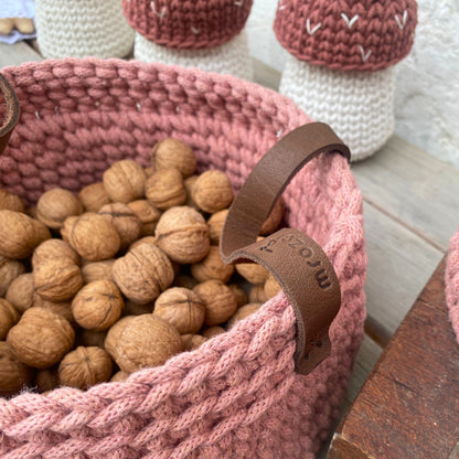 Vintage Pink Crochet Basket with Leather Handles - Recycled Pink Basket
