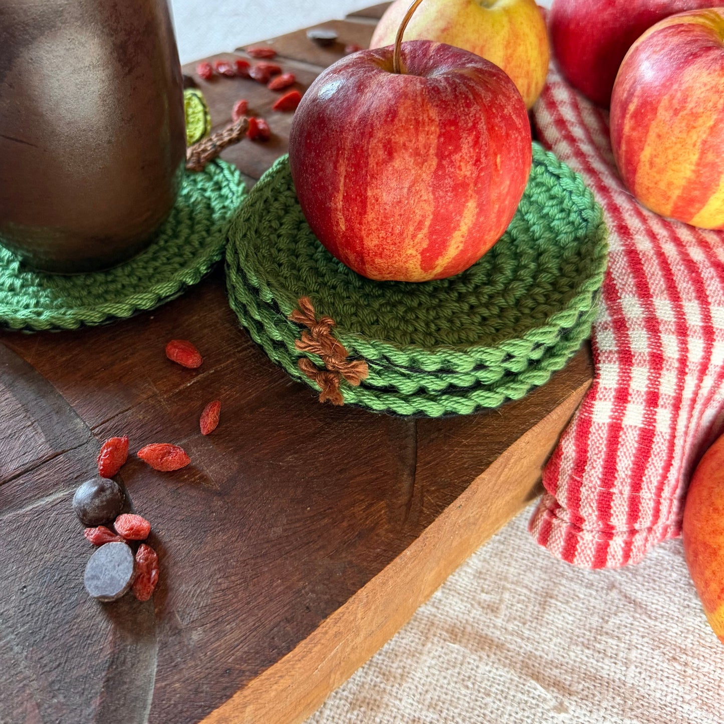 Green Crochet Apple Coasters – Set of 4