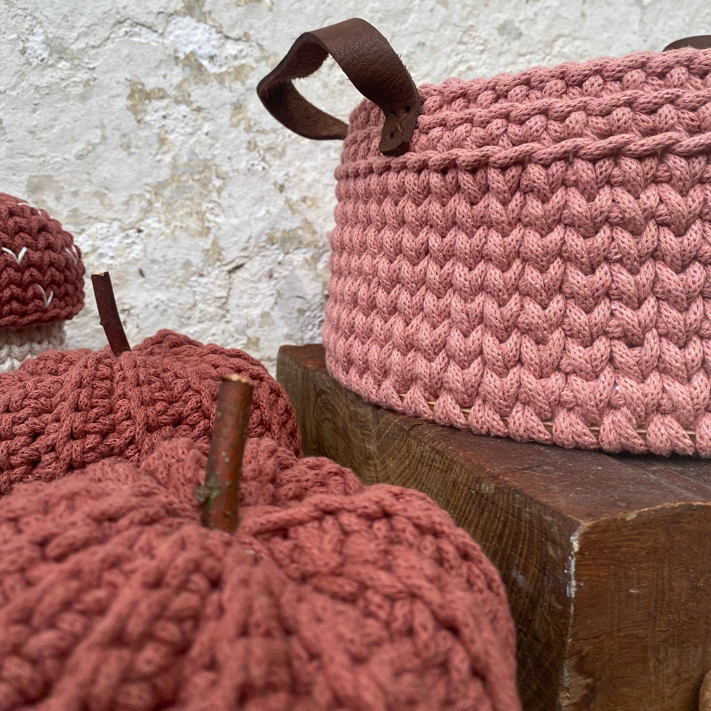 Vintage Pink Crochet Basket with Leather Handles - Recycled Pink Basket