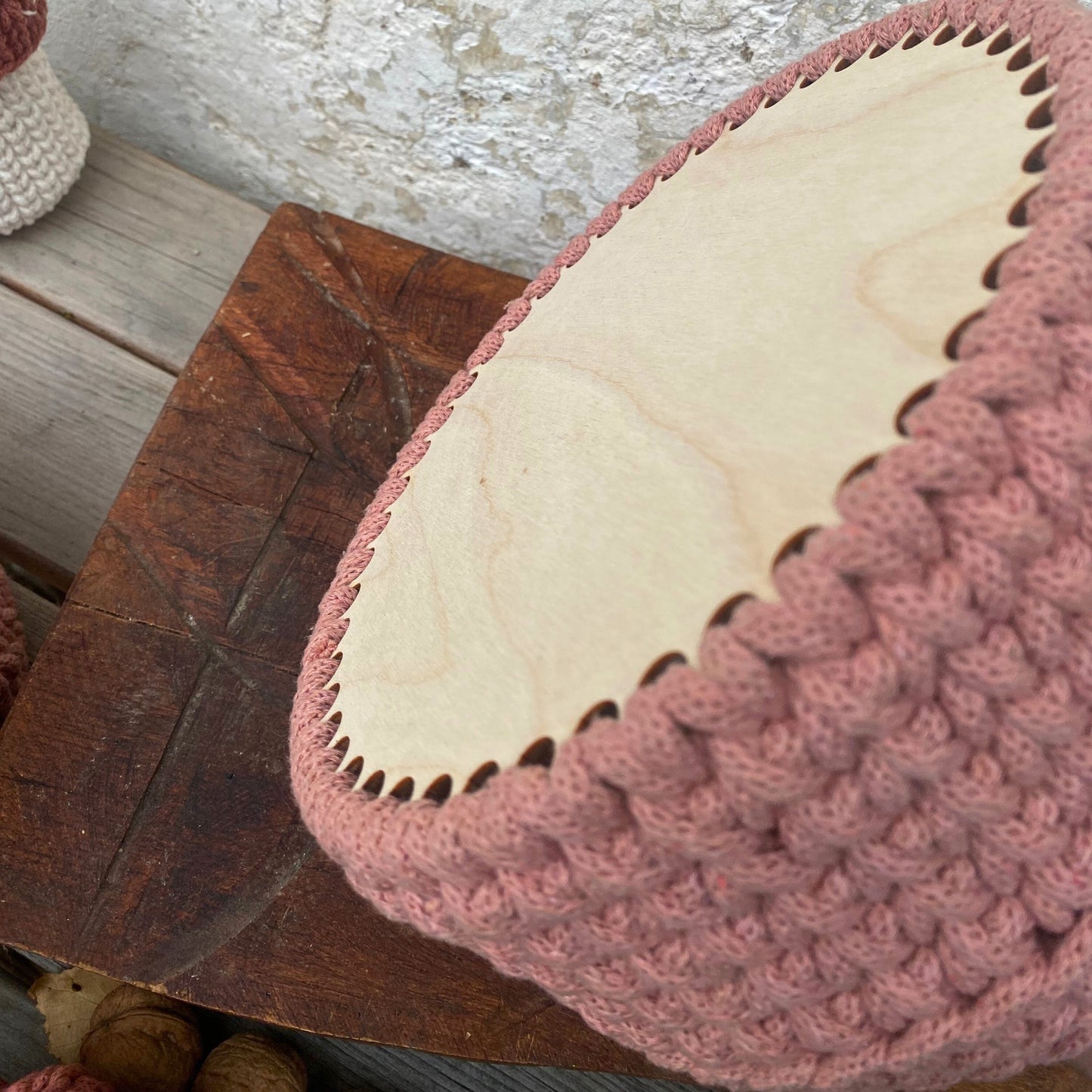 Vintage Pink Crochet Basket - Recycled Cotton Rope Basket - Storage Basket