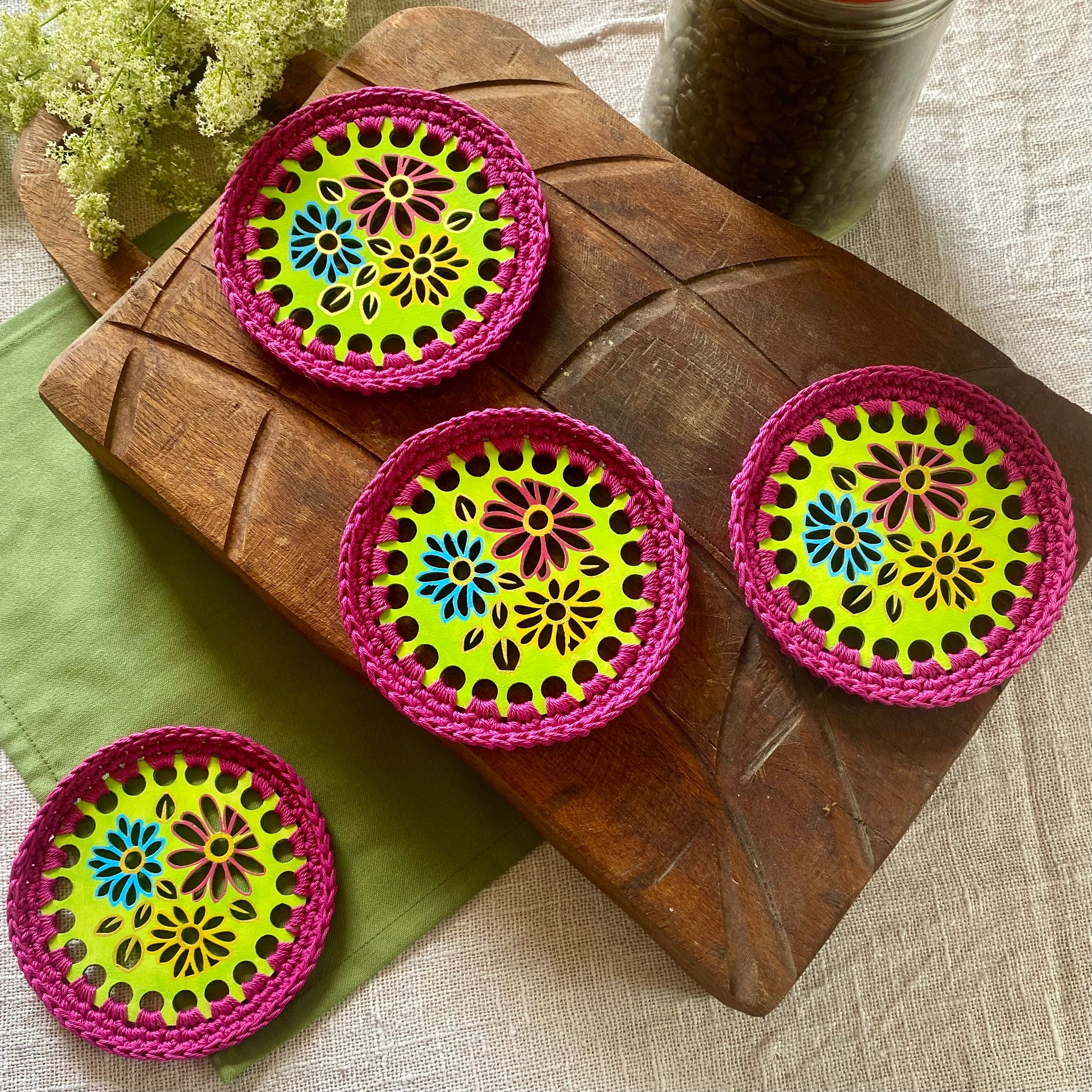 Retro Wooden Coasters with Flowers