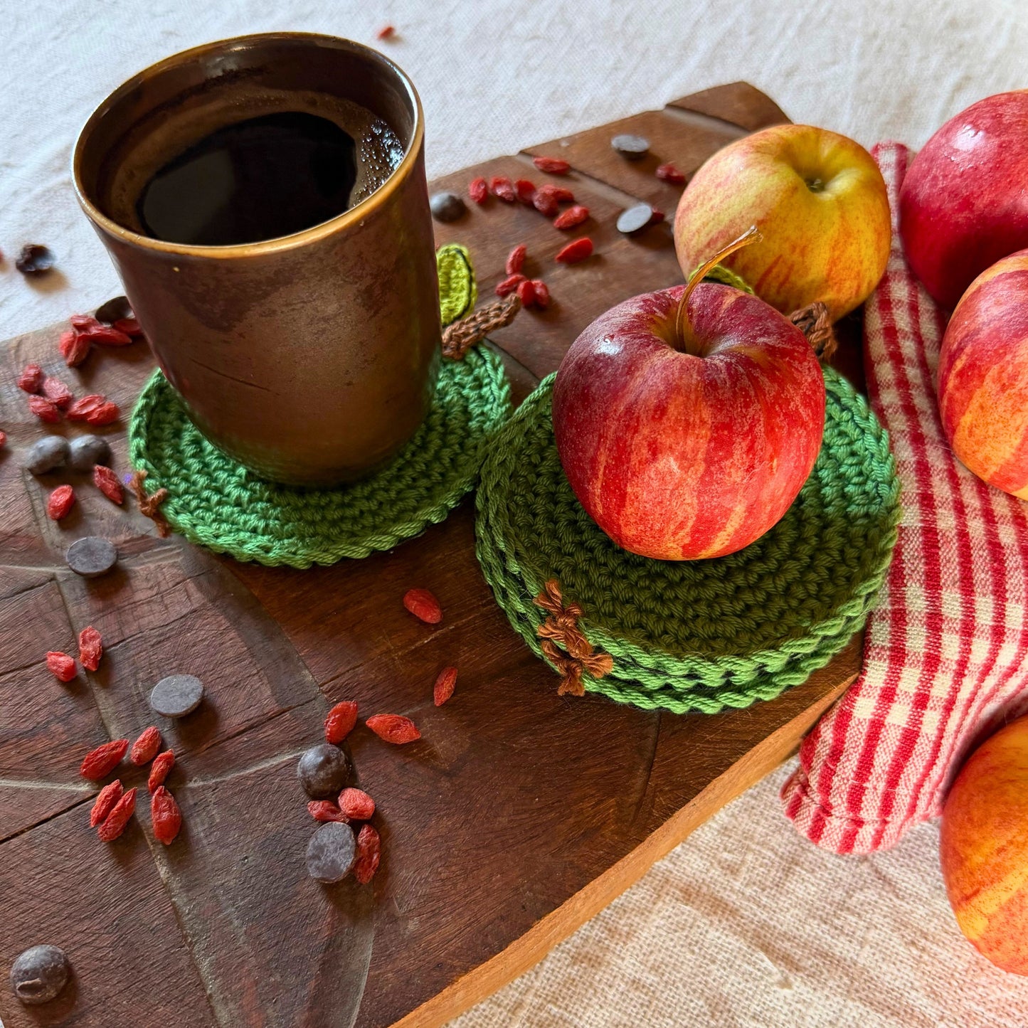 Green Crochet Apple Coasters – Set of 4