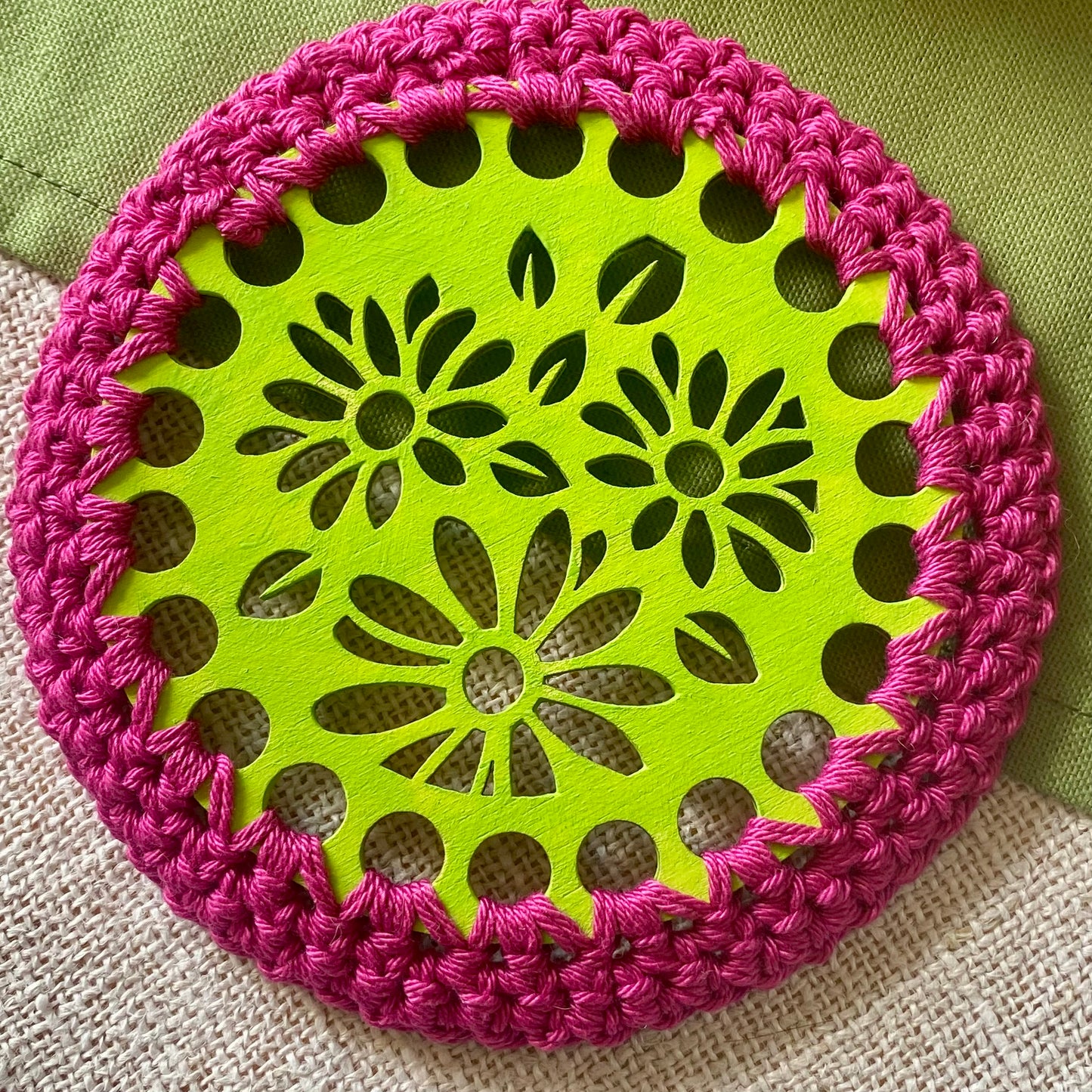 Retro Wooden Coasters with Flowers - Flower Drink Crochet Coasters - Boho Coasters - Set of Four Coasters