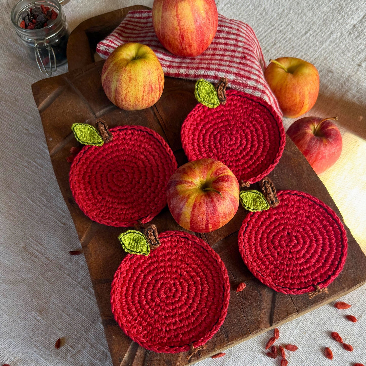 Red Crochet Apple Coasters – Set of 4