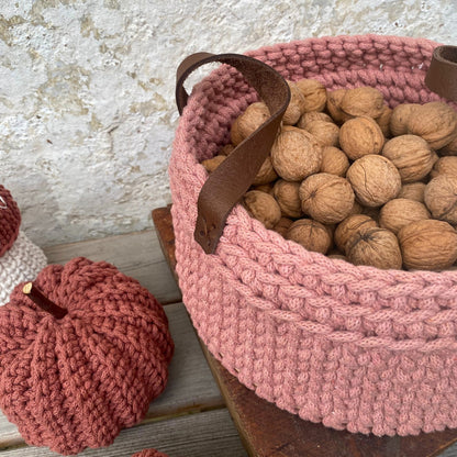 Vintage Pink Crochet Basket with Leather Handles - Recycled Pink Basket