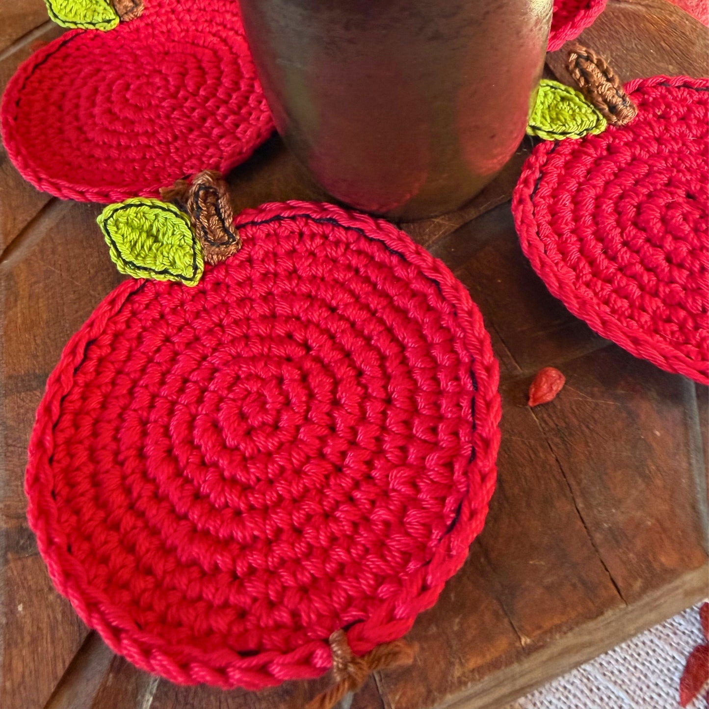 Red Crochet Apple Coasters – Set of 4