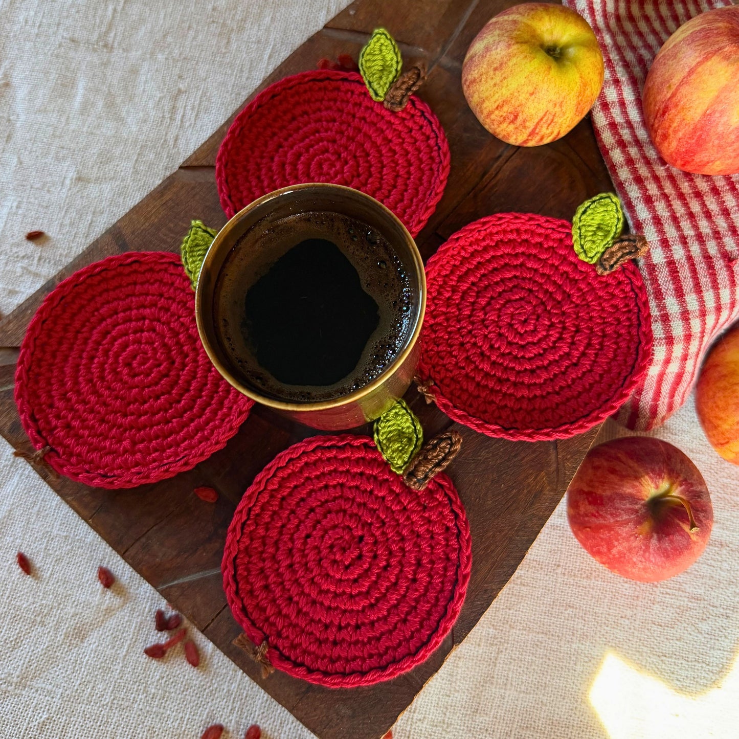 Red Crochet Apple Coasters – Set of 4
