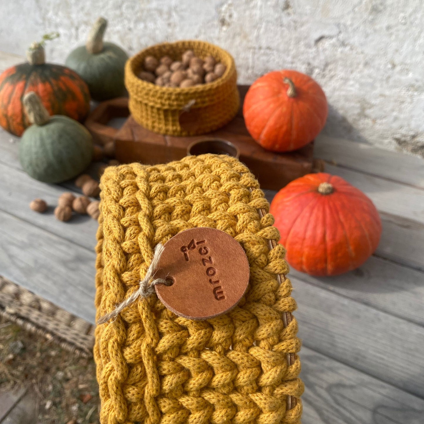 Crochet basket mustard yellow