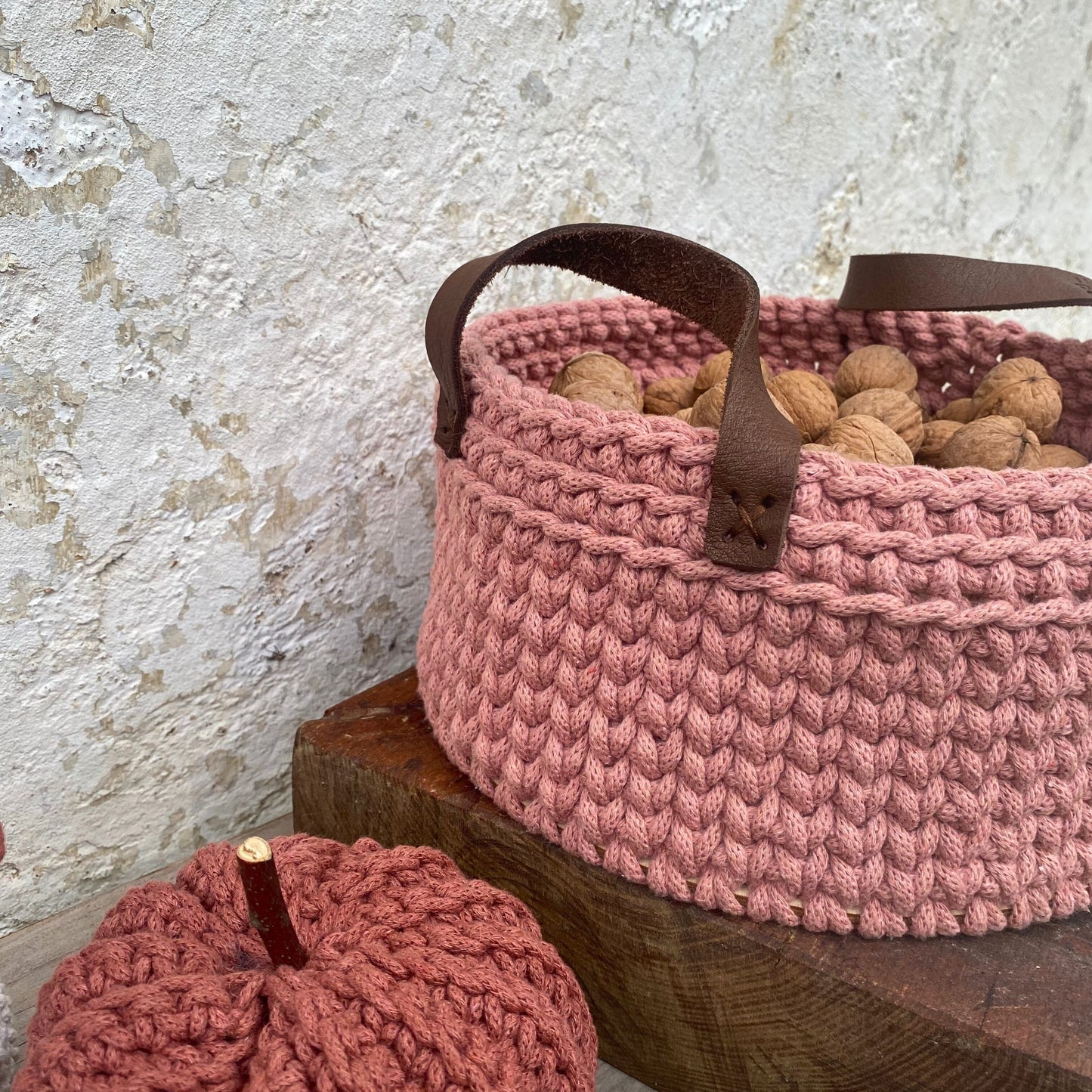 Vintage Pink Crochet Basket with Leather Handles - Recycled Pink Basket