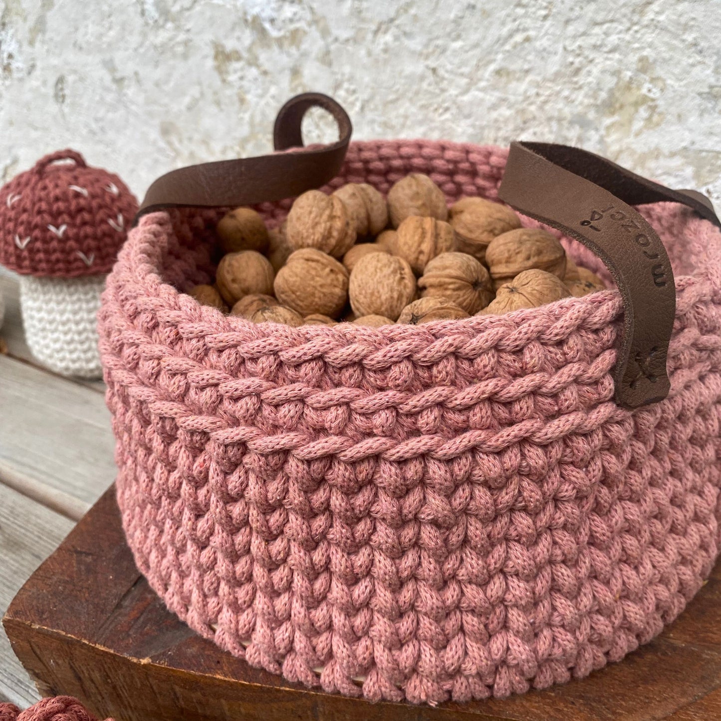 Vintage Pink Crochet Basket with Leather Handles - Recycled Pink Basket