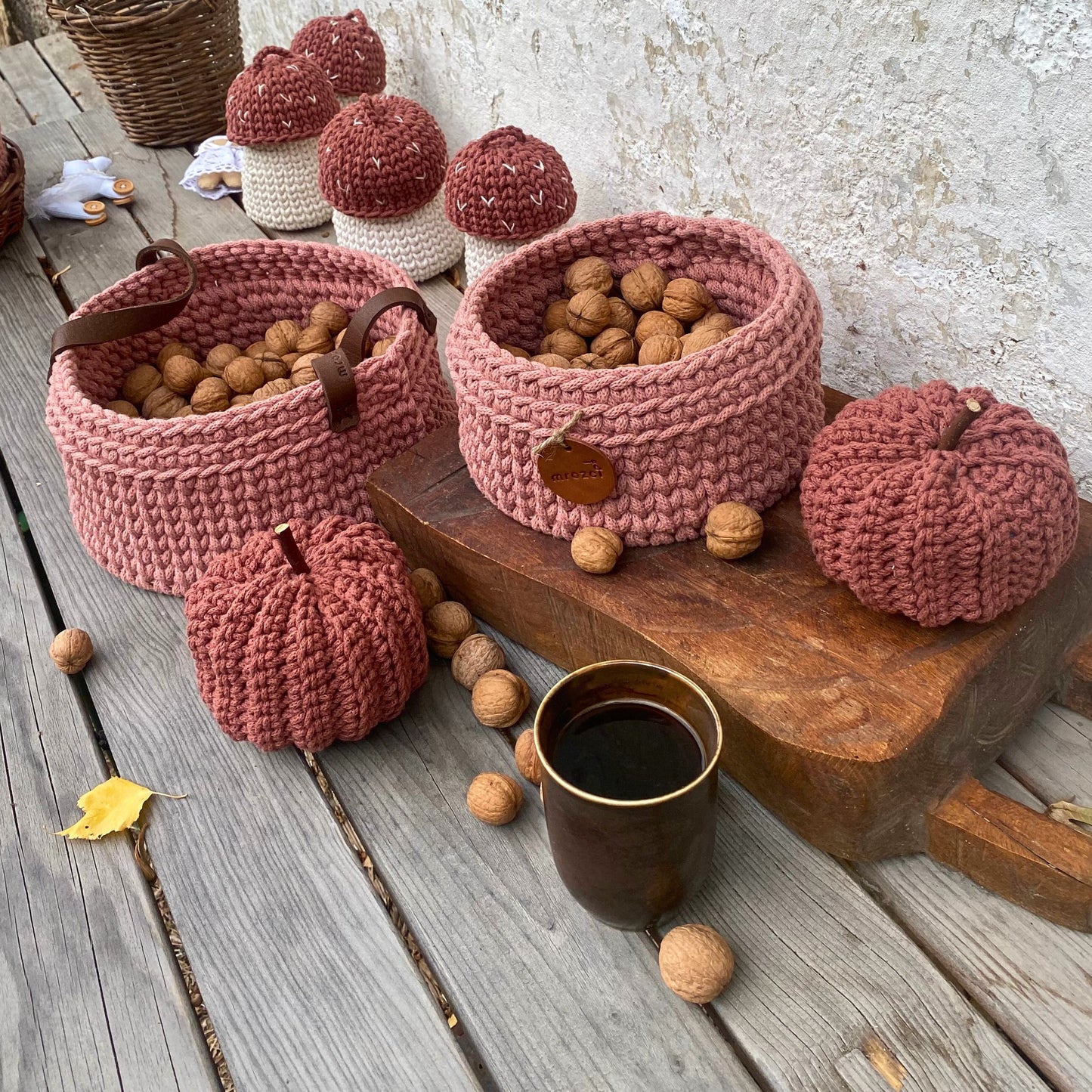 Vintage Pink Crochet Basket with Leather Handles - Recycled Pink Basket