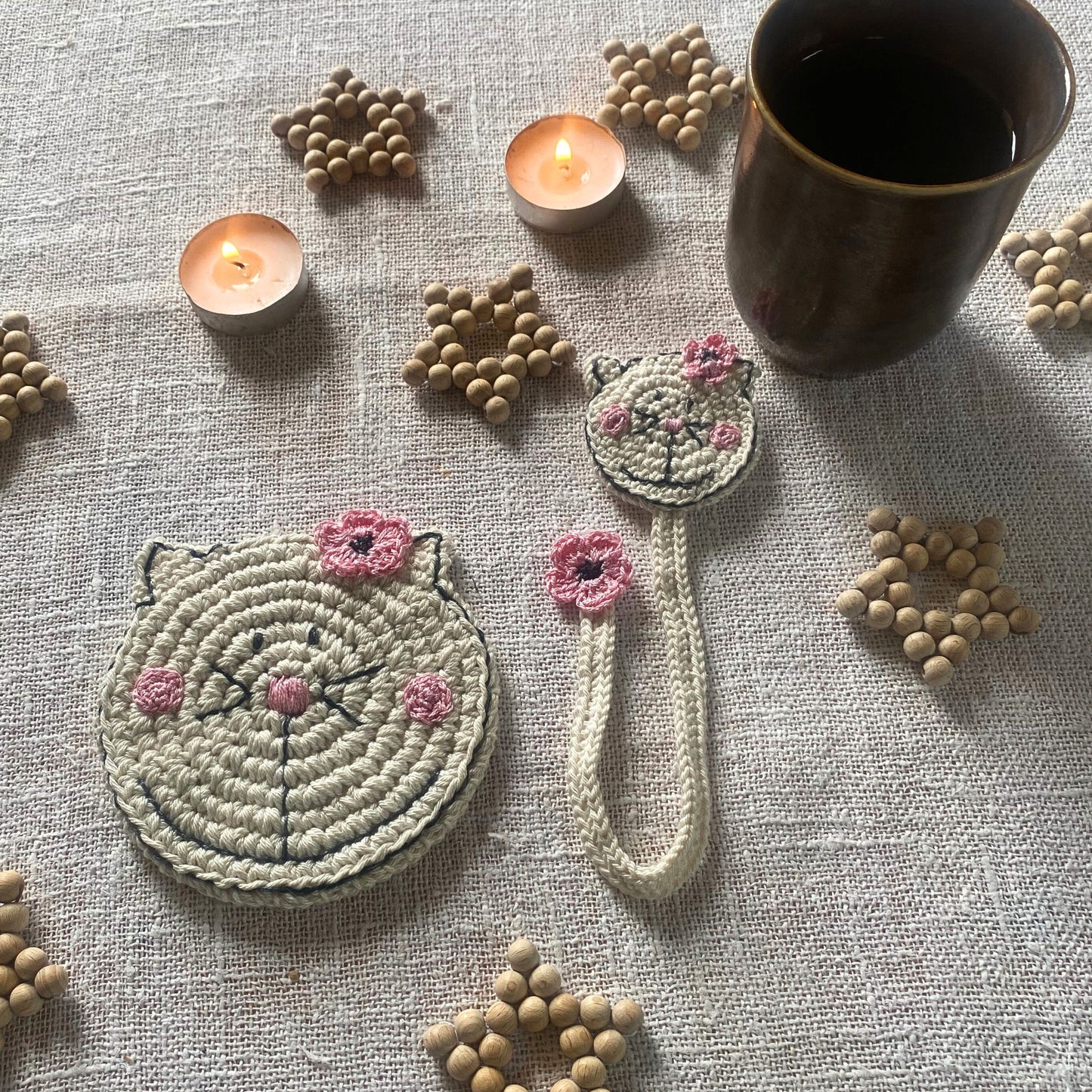 Cat Christmas Gift Box - Crochet Cat Coaster and Bookmark - Christmas Ornament Star