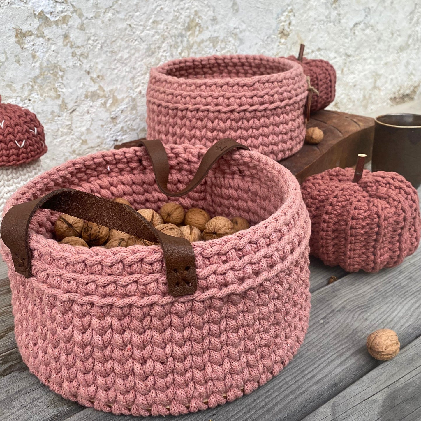 Vintage Pink Crochet Basket - Recycled Cotton Rope Basket - Storage Basket
