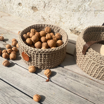 Beige Crochet Basket with Leather Handles - Recycled Rope Basket