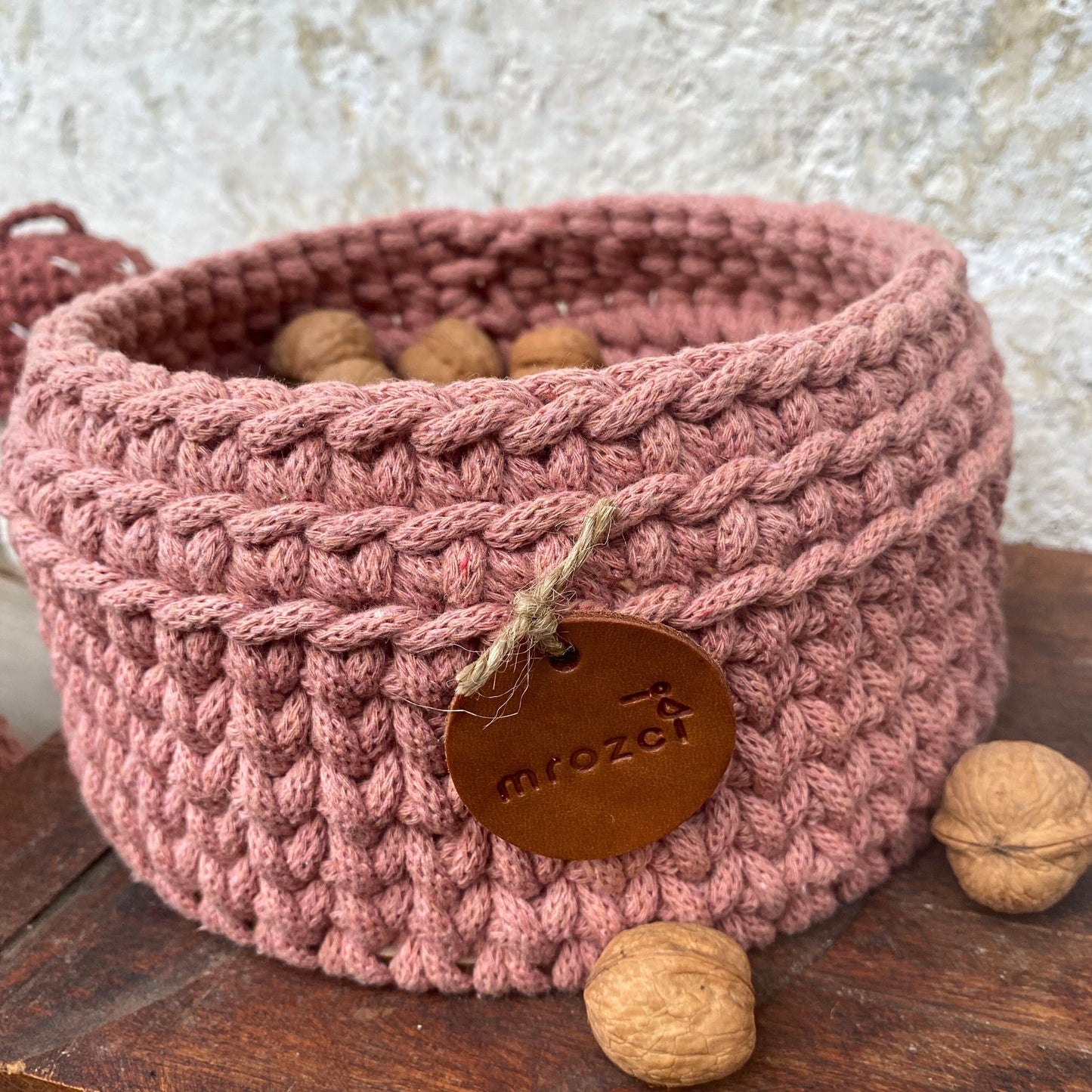 Vintage Pink Crochet Basket - Recycled Cotton Rope Basket - Storage Basket