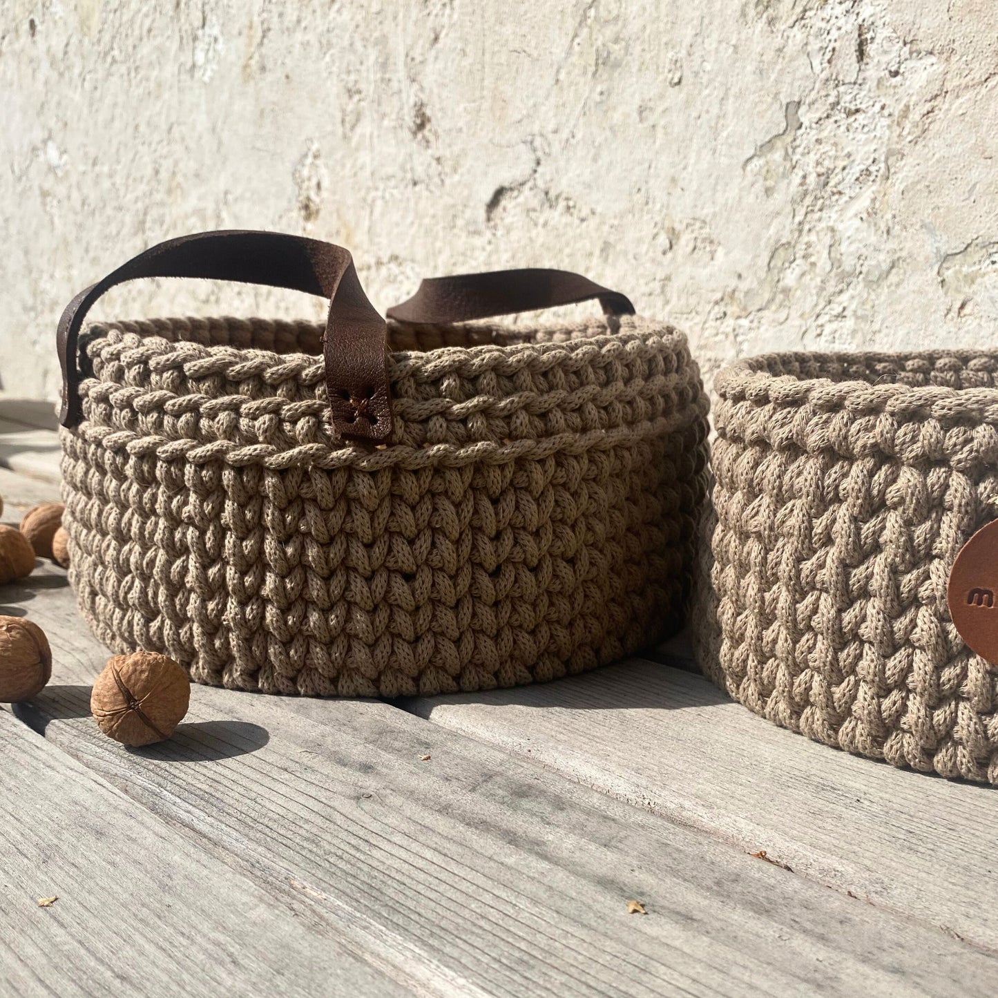 Beige Crochet Basket with Leather Handles - Recycled Rope Basket