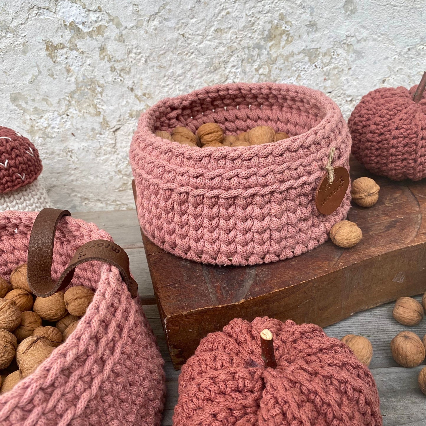 Vintage Pink Crochet Basket - Recycled Cotton Rope Basket - Storage Basket