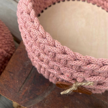 Vintage Pink Crochet Basket - Recycled Cotton Rope Basket - Storage Basket