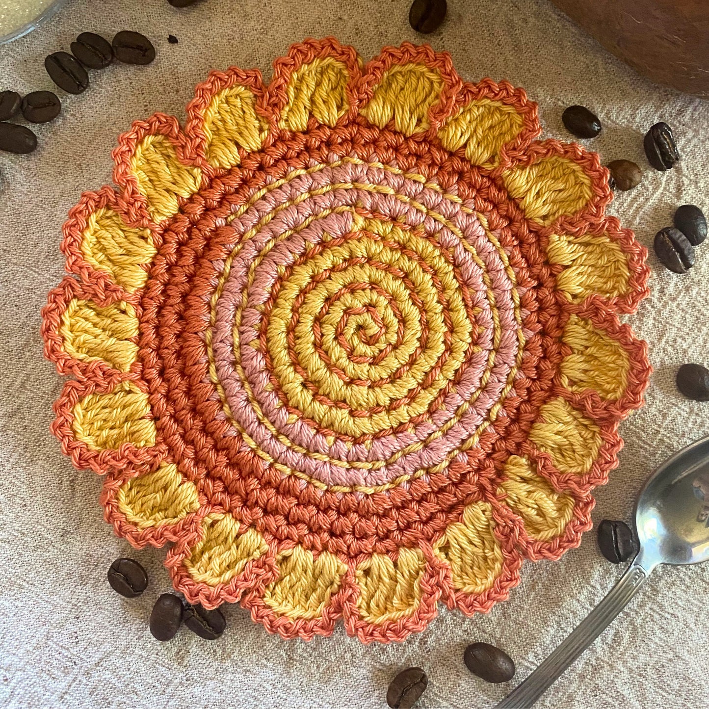 Crochet Flower Shaped Coasters – Set of 4 - Embroidered Cotton Cup Mats