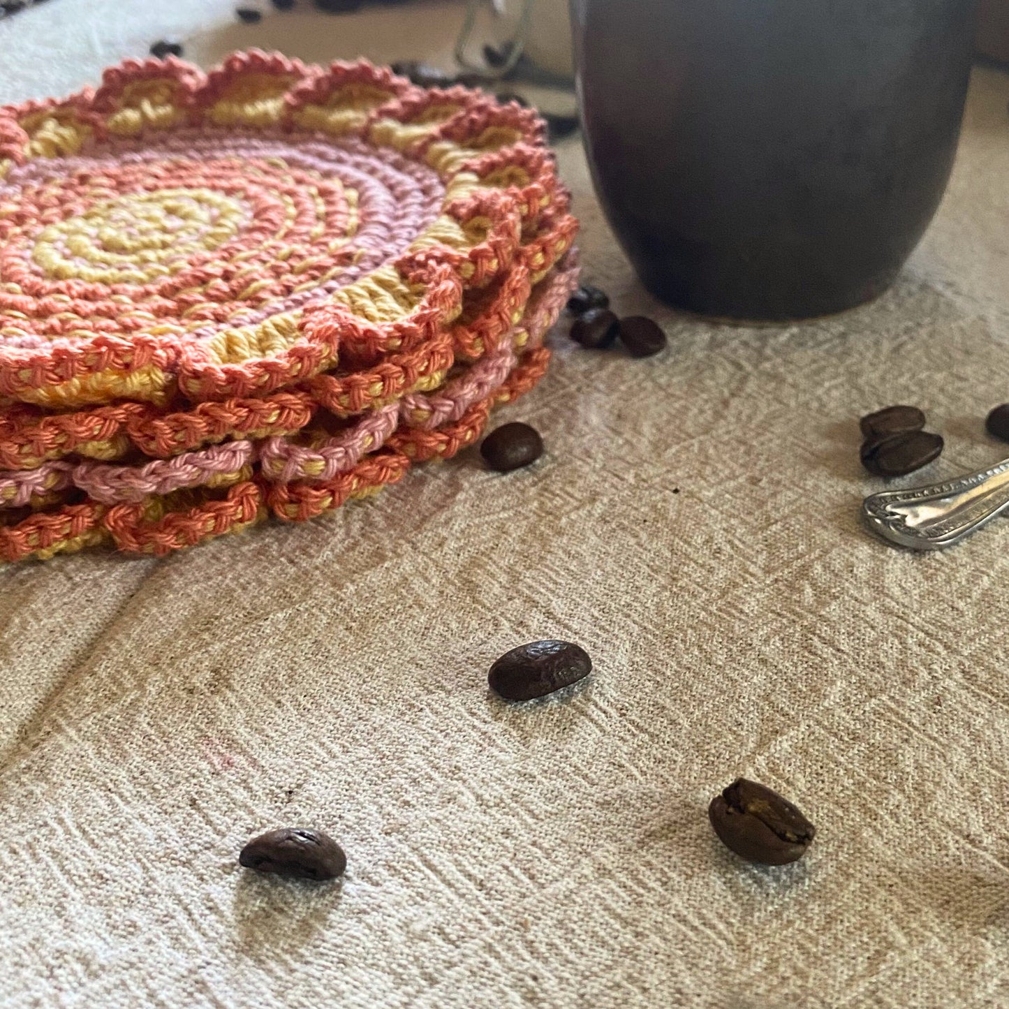 Crochet Flower Shaped Coasters – Set of 4 - Embroidered Cotton Cup Mats