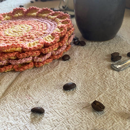 Crochet Flower Shaped Coasters – Set of 4 - Embroidered Cotton Cup Mats