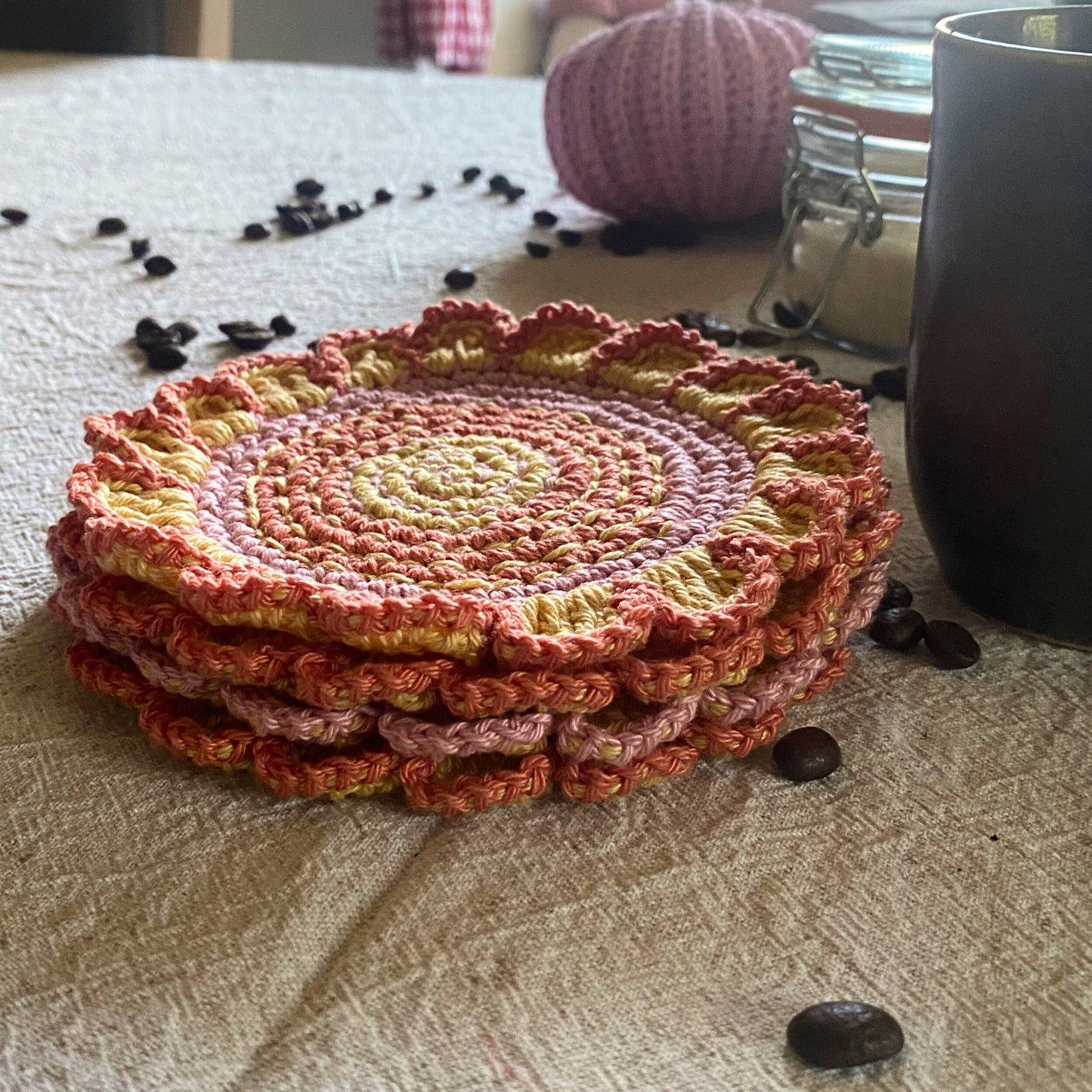 Crochet Flower Shaped Coasters – Set of 4 - Embroidered Cotton Cup Mats