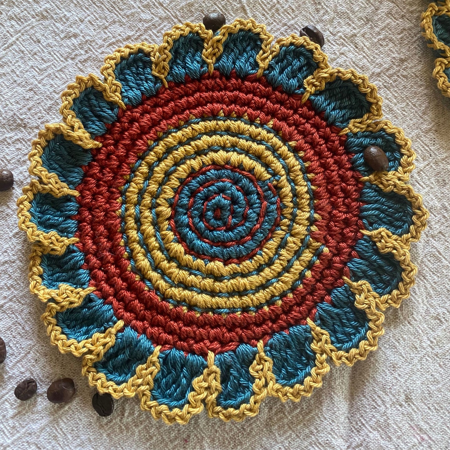 Crochet Flower Coasters – Set of 4, Embroidered Cotton Cup Mats, Boho Table Decor