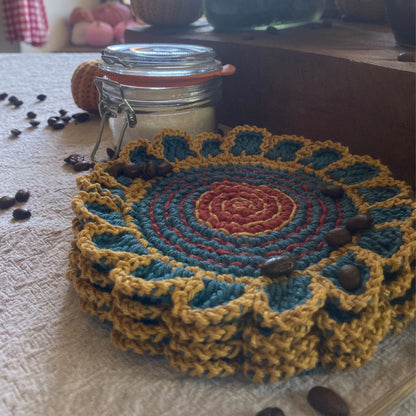 Stack of crochet coasters, flower pattern – cotton cup mats
