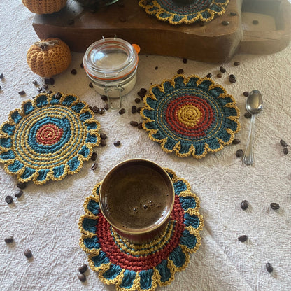 Handmade crochet flower coaster set of 4 in teal, yellow and rust