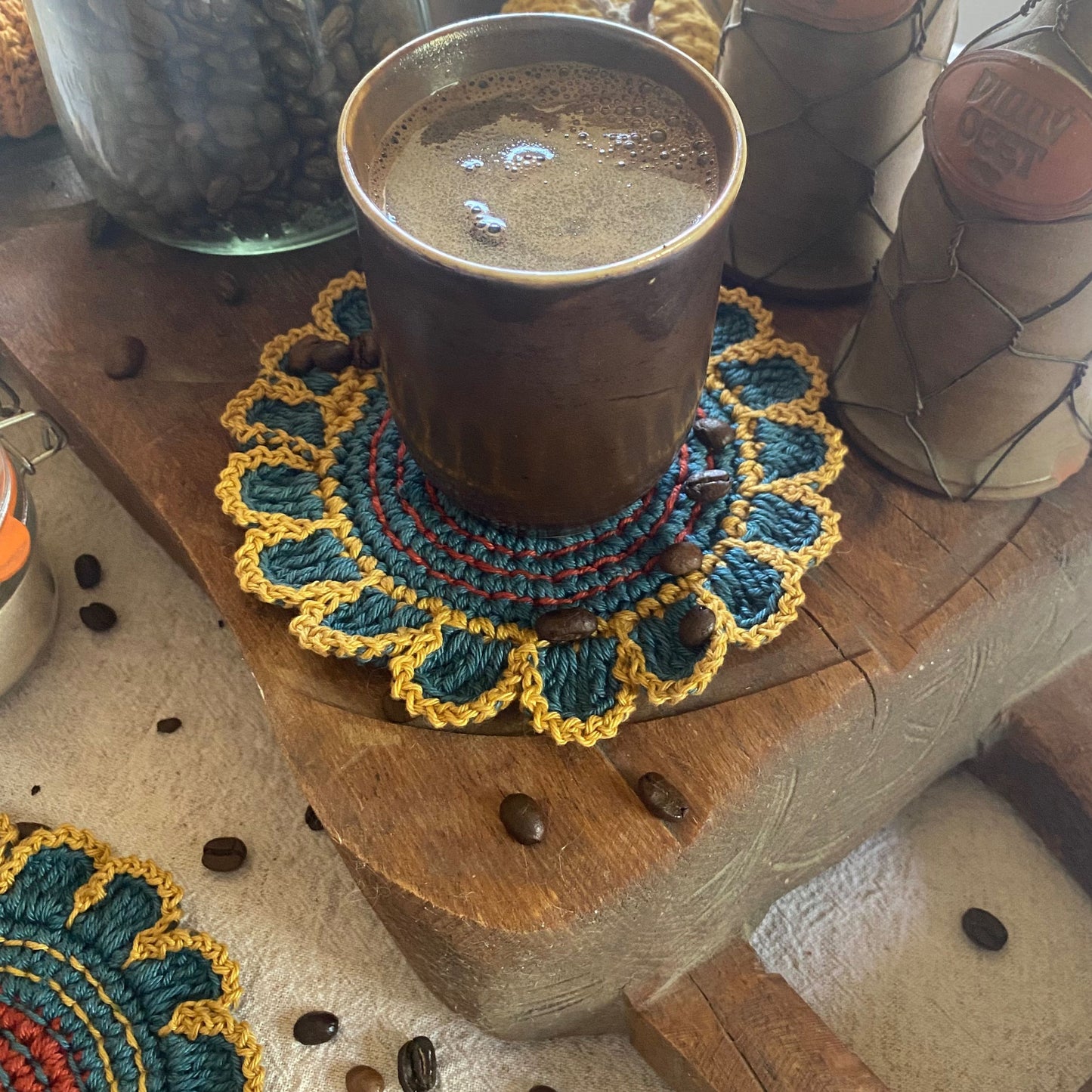 Crochet Flower Coasters – Set of 4, Embroidered Cotton Cup Mats, Boho Table Decor