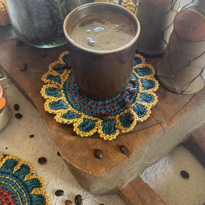 Crochet Flower Coasters – Set of 4, Embroidered Cotton Cup Mats, Boho Table Decor