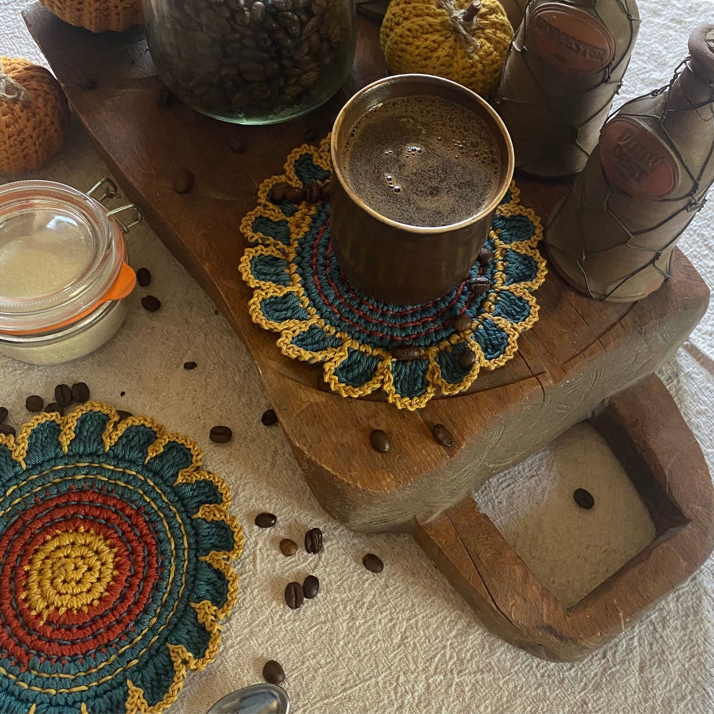 Crochet Flower Coasters – Set of 4, Embroidered Cotton Cup Mats, Boho Table Decor