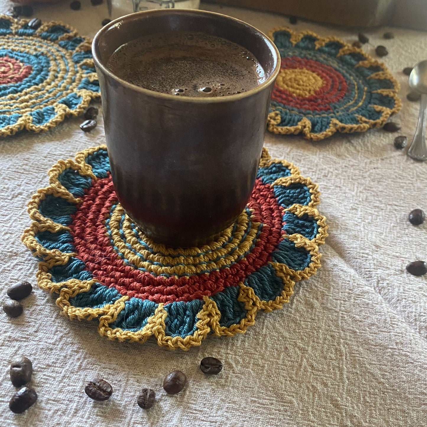 Crochet Flower Coasters – Set of 4, Embroidered Cotton Cup Mats, Boho Table Decor