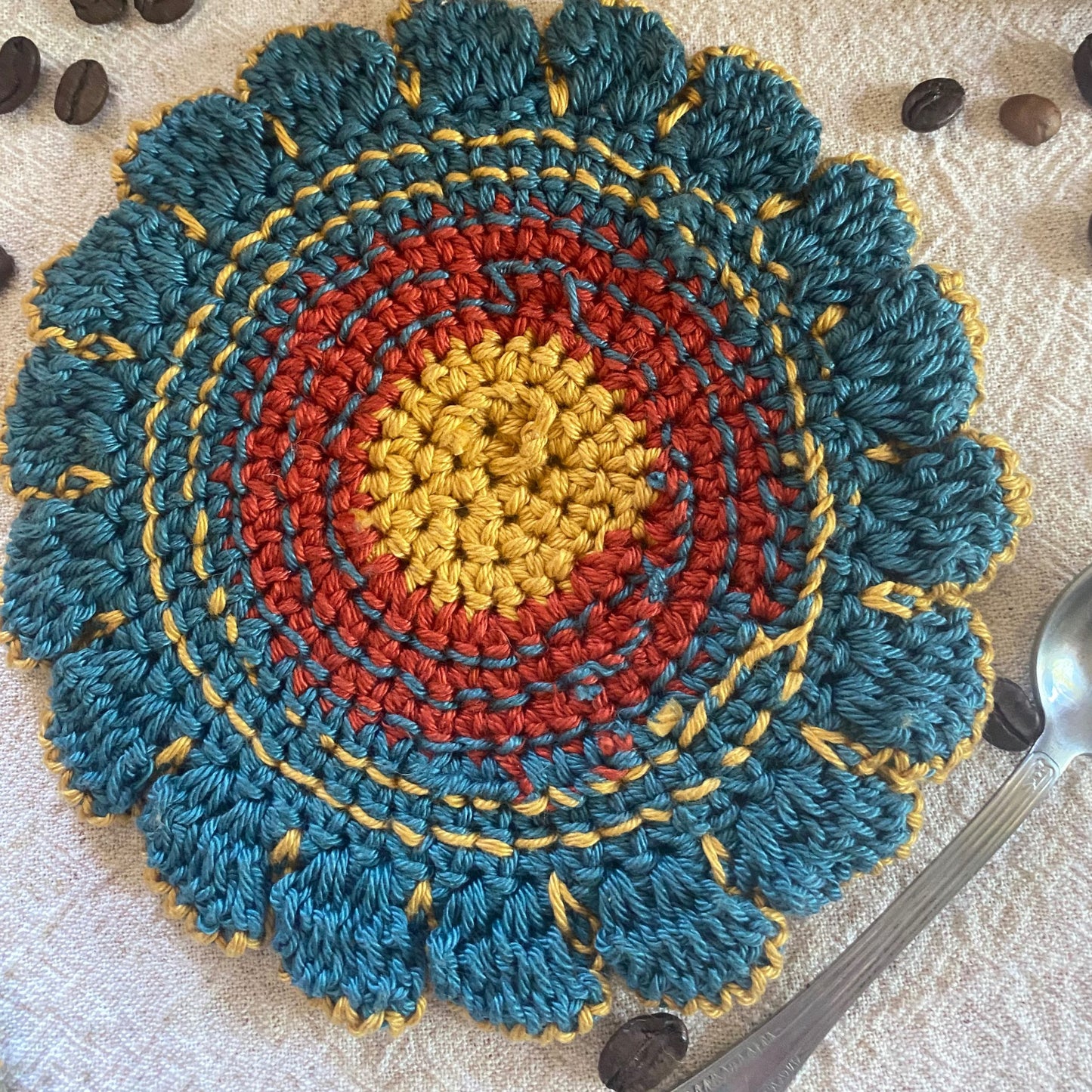 Crochet Flower Coasters – Set of 4, Embroidered Cotton Cup Mats, Boho Table Decor