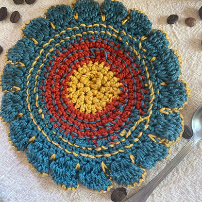 Crochet Flower Coasters – Set of 4, Embroidered Cotton Cup Mats, Boho Table Decor